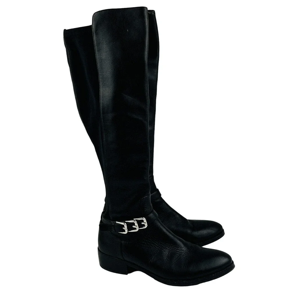 Womens 6M Donald Pliner Nellie Riding Boots Black Leather Knee High Elastic Back